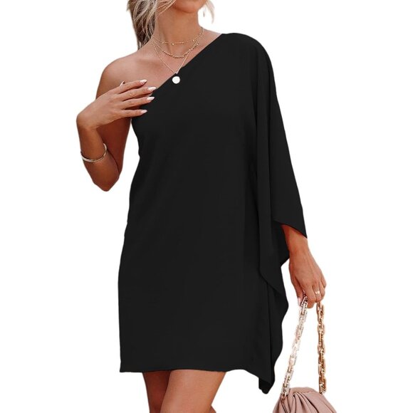 Women's Polyester Spandex One Shoulder Batwing Sleeve Dress for Party
